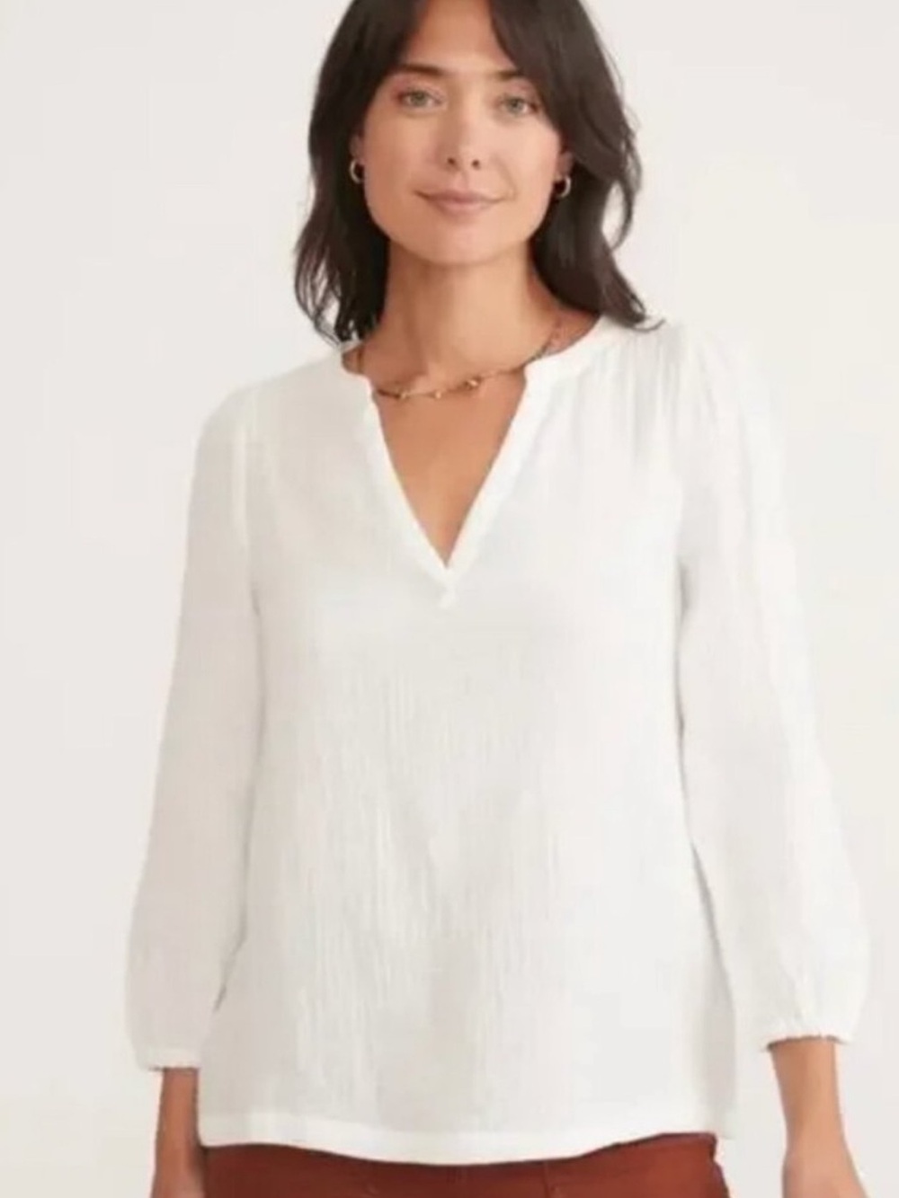 Marine Layer Jamie Banded Collar Top White Cotton Gauze Blouse size Large